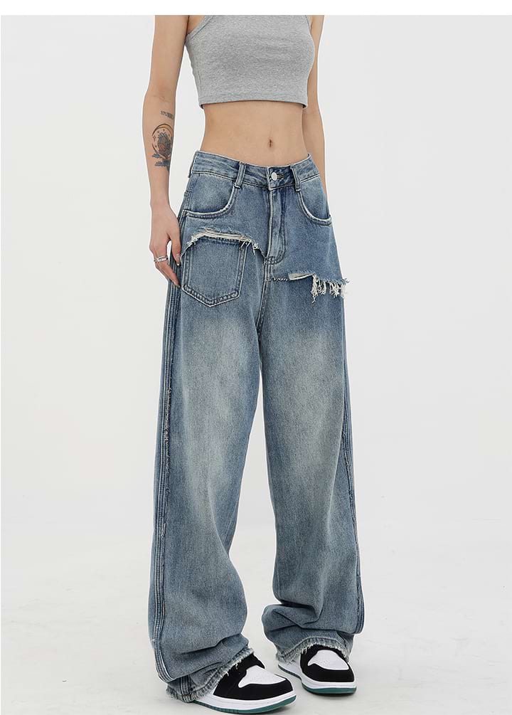 Mock Two-Piece Faded Distressed Jeans