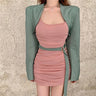 Cropped Lapelless Belted Blazer and Ruched Spaghetti Strap Mini Dress Two Piece Set - nightcity clothing