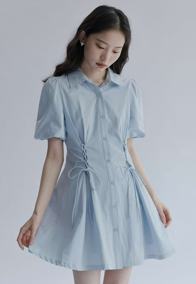 Puff Sleeve Button Dress with Waist Drawstring