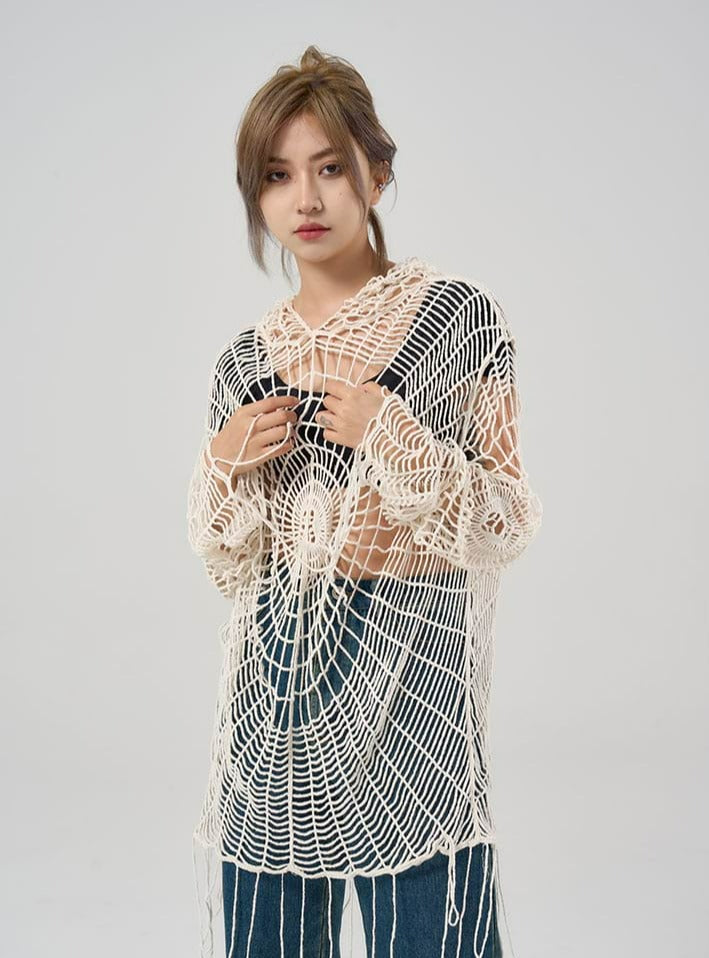 Spider Web Open Knit Hoodie