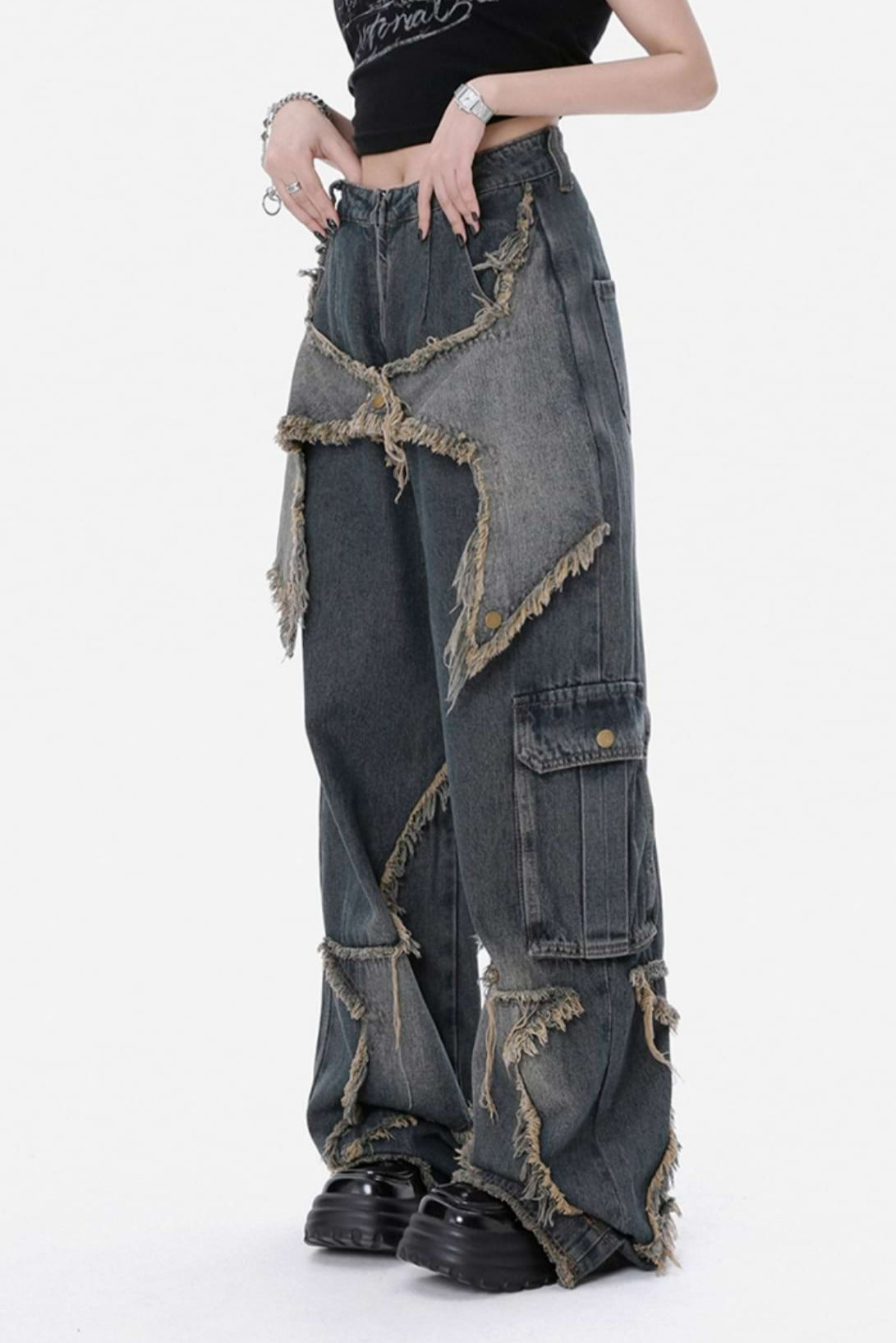 Distressed Star Patchwork Wide Leg Jeans – nightcity clothing
