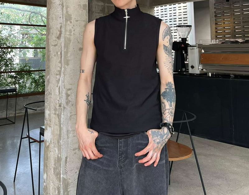 High Neck Half Zip Sleeveless Shirt