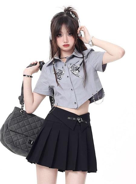Butterfly Print Pointed Hem Cropped Button Shirt with Chain Accessories - nightcity clothing