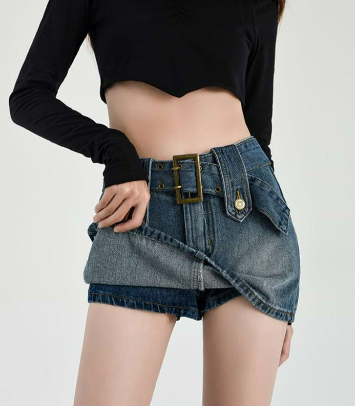 Faded Denim Skort Mini Skirt with Belt