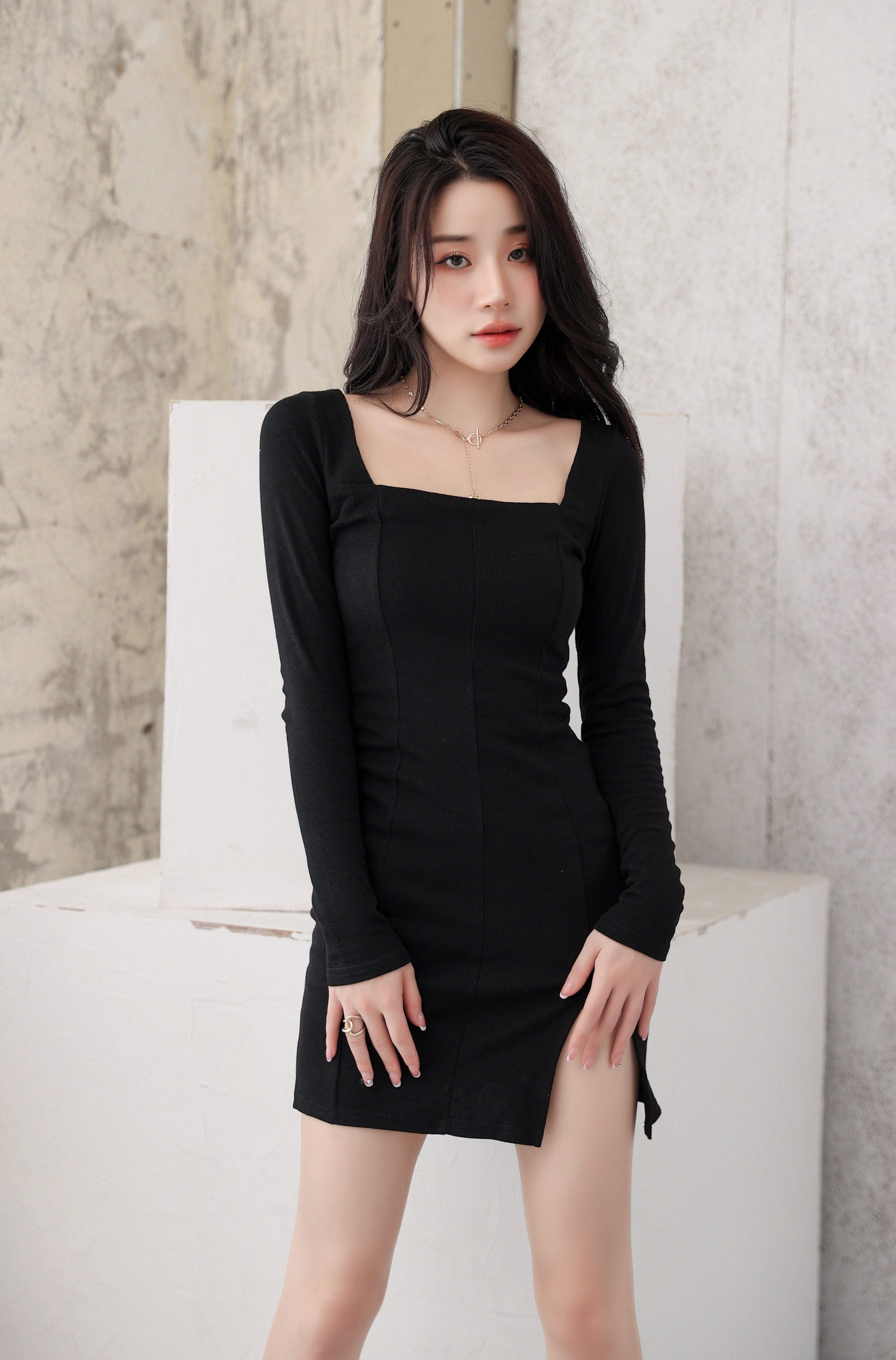 Knit Bodycon Mini Dress with Split Hem - nightcity clothing