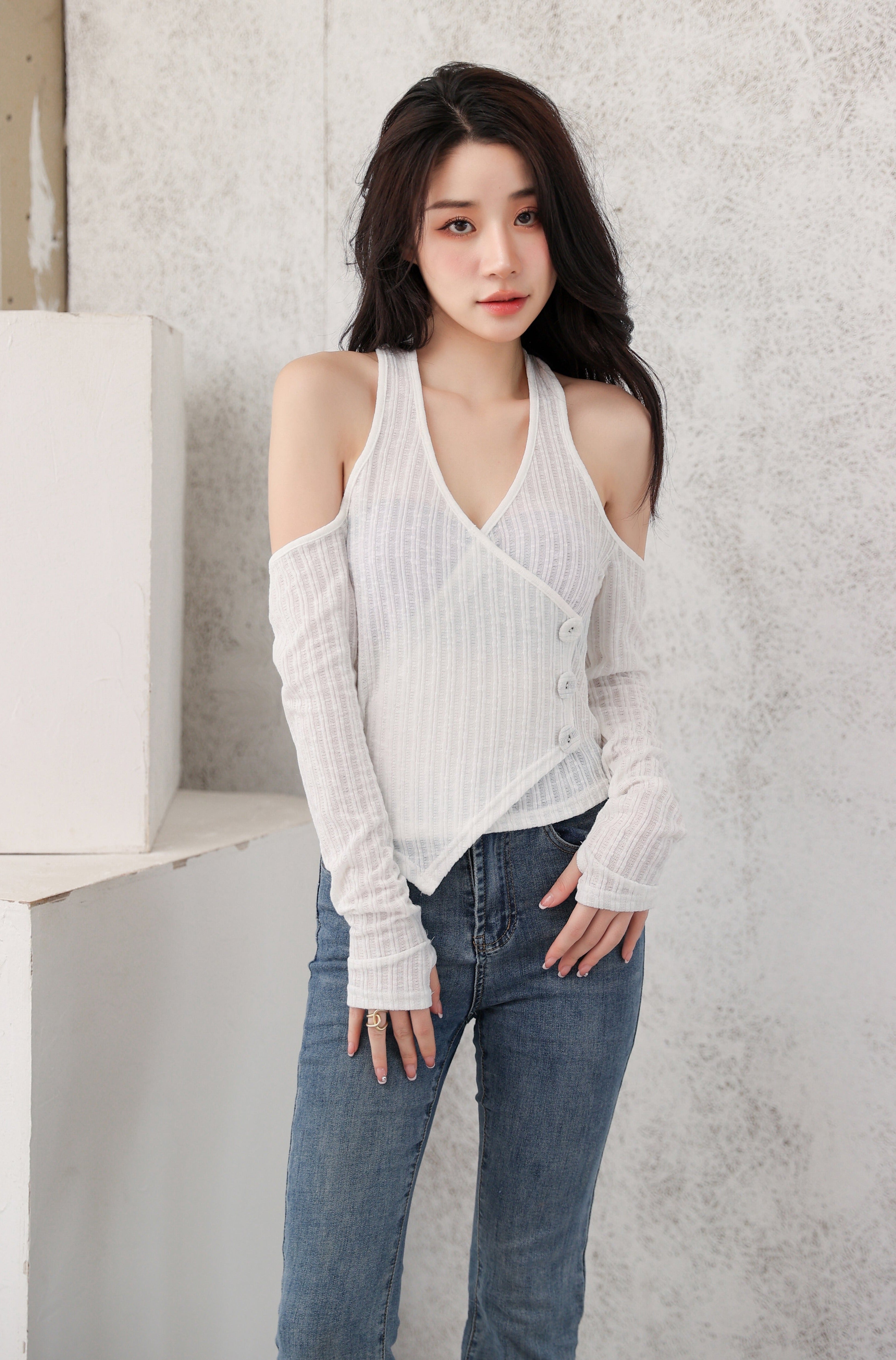 Mock Layer Cold Shoulder Knit Crop Top - nightcity clothing