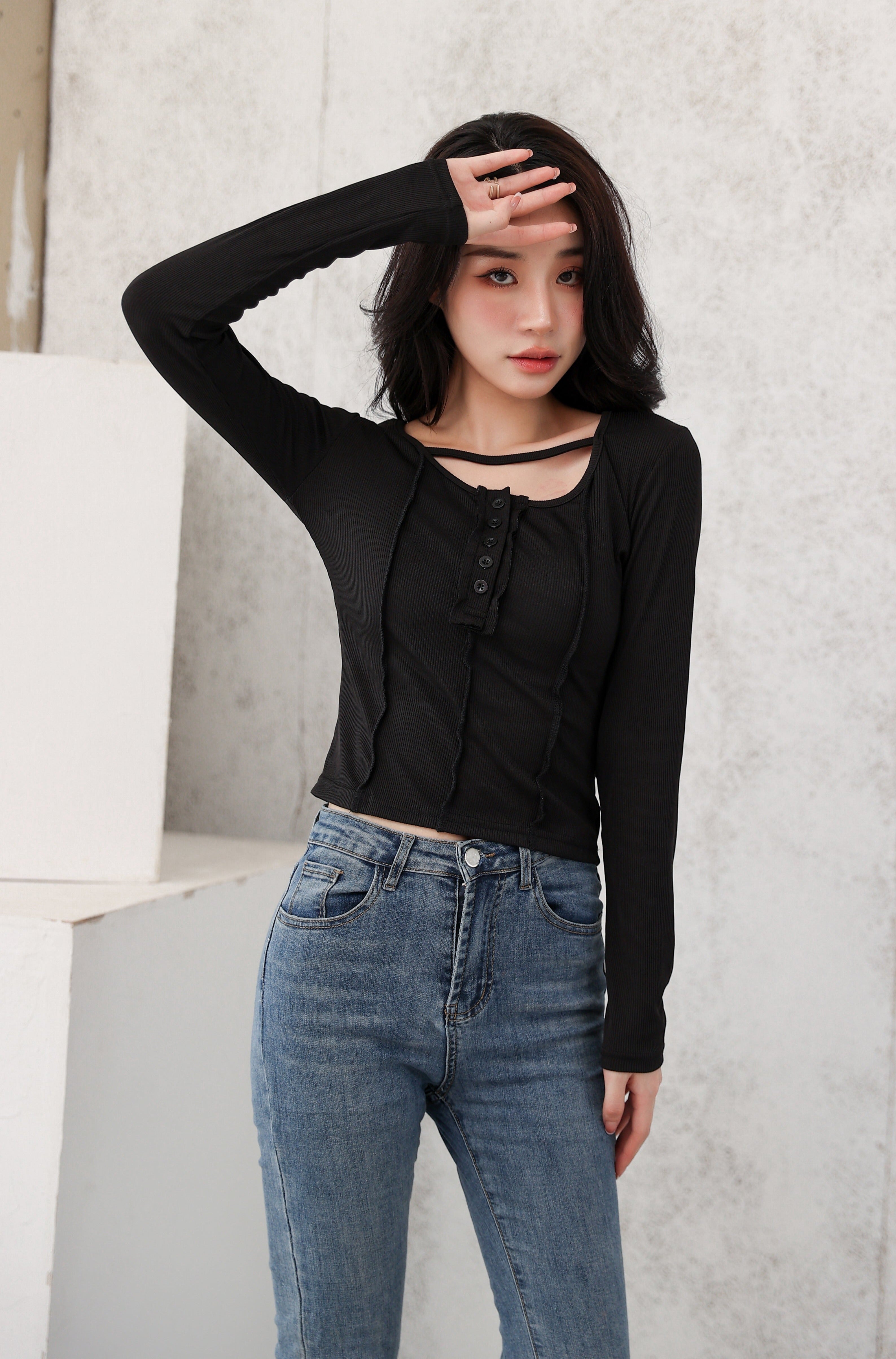 Henley Strap-Neck Patchwork Long Sleeve Crop Top - nightcity clothing