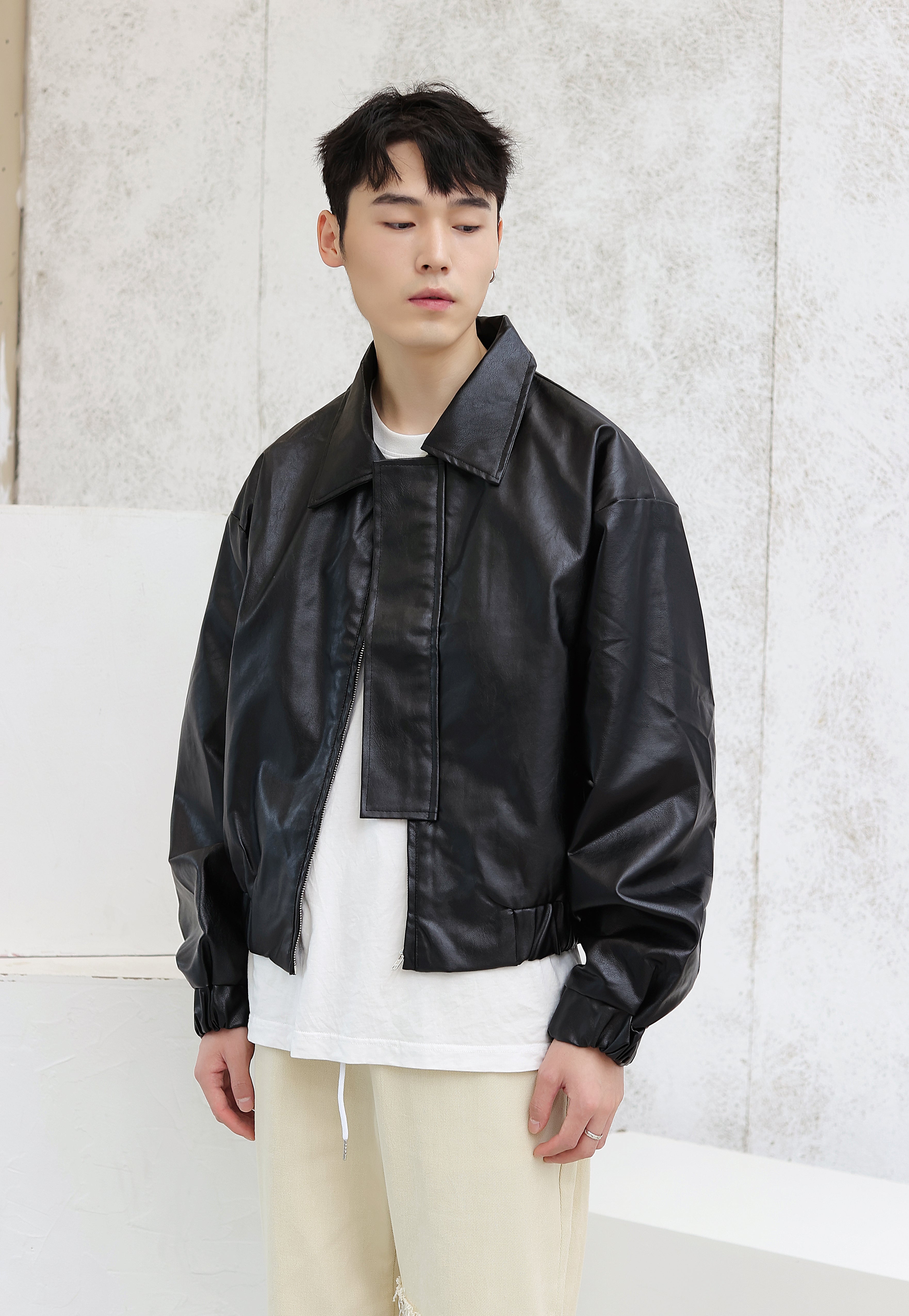 Oversized Faux Leather Flight Bomber Jacket - Main Image