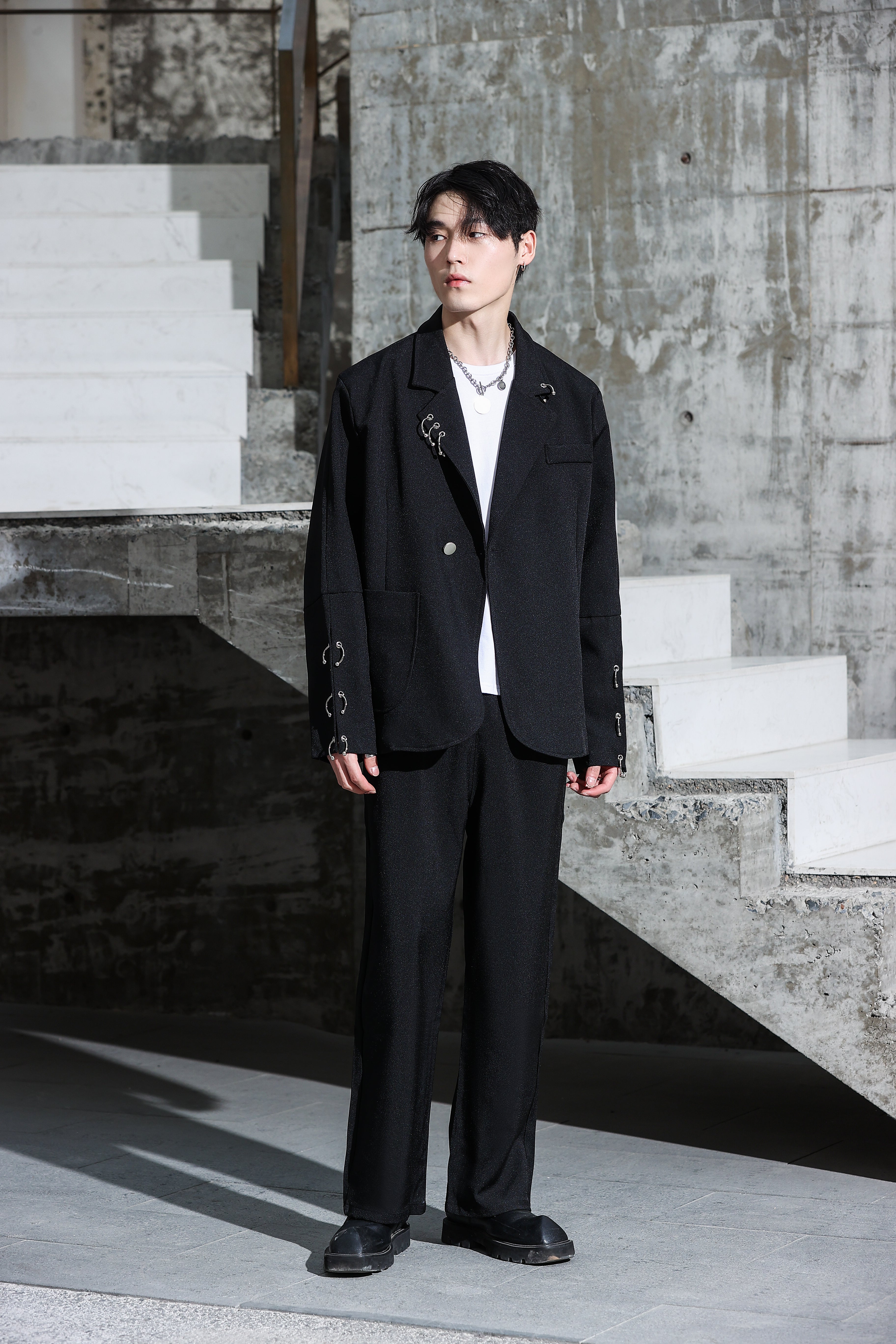 Oversized Suit Jacket with Rings and Wide Leg Pants Set - nightcity clothing