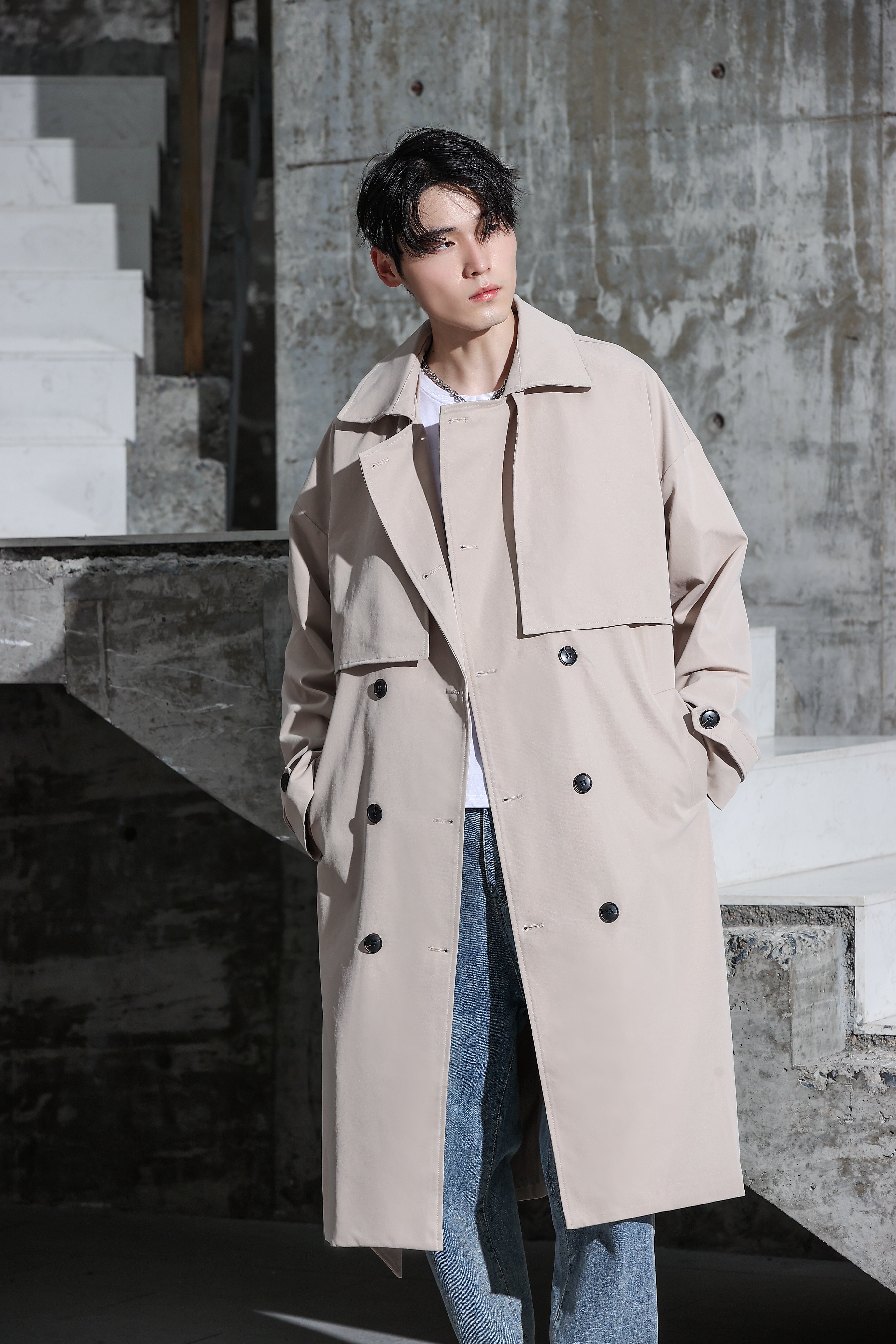 Faux Leather Double Breasted Trench Coat, Streets of Seoul