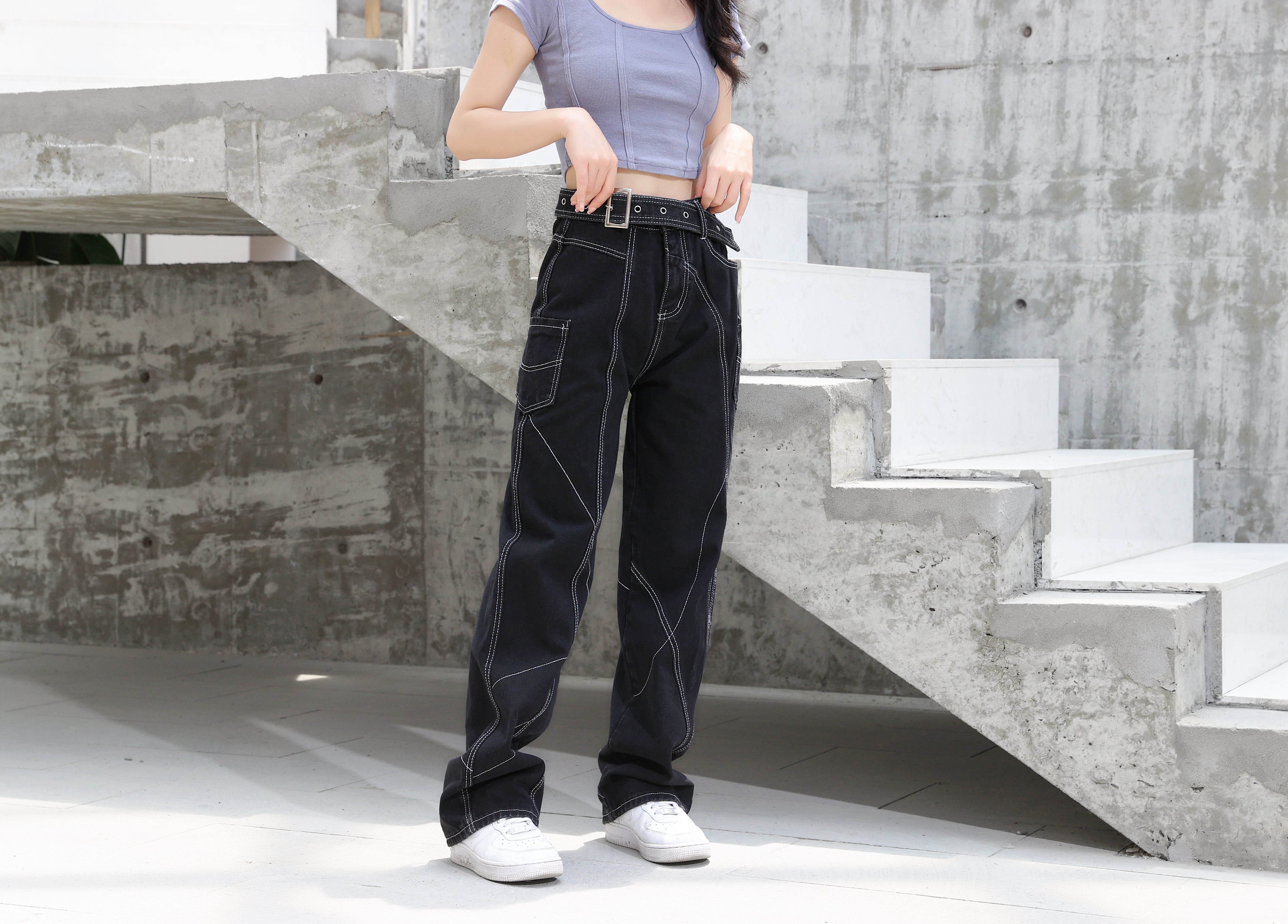 Baggy Belted Jeans with Contrast Detailed Stitching - nightcity clothing