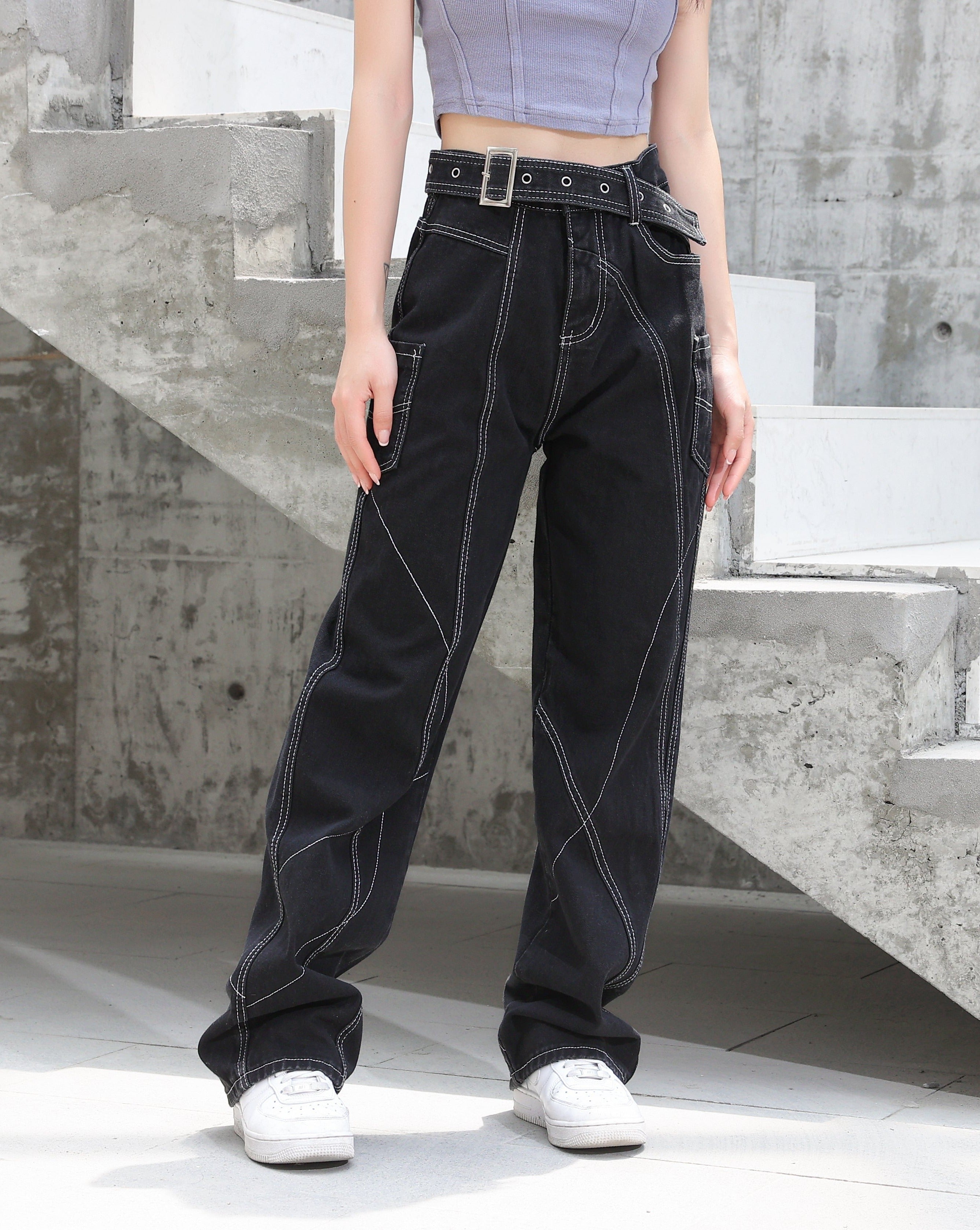 Baggy Belted Jeans with Contrast Detailed Stitching - nightcity clothing