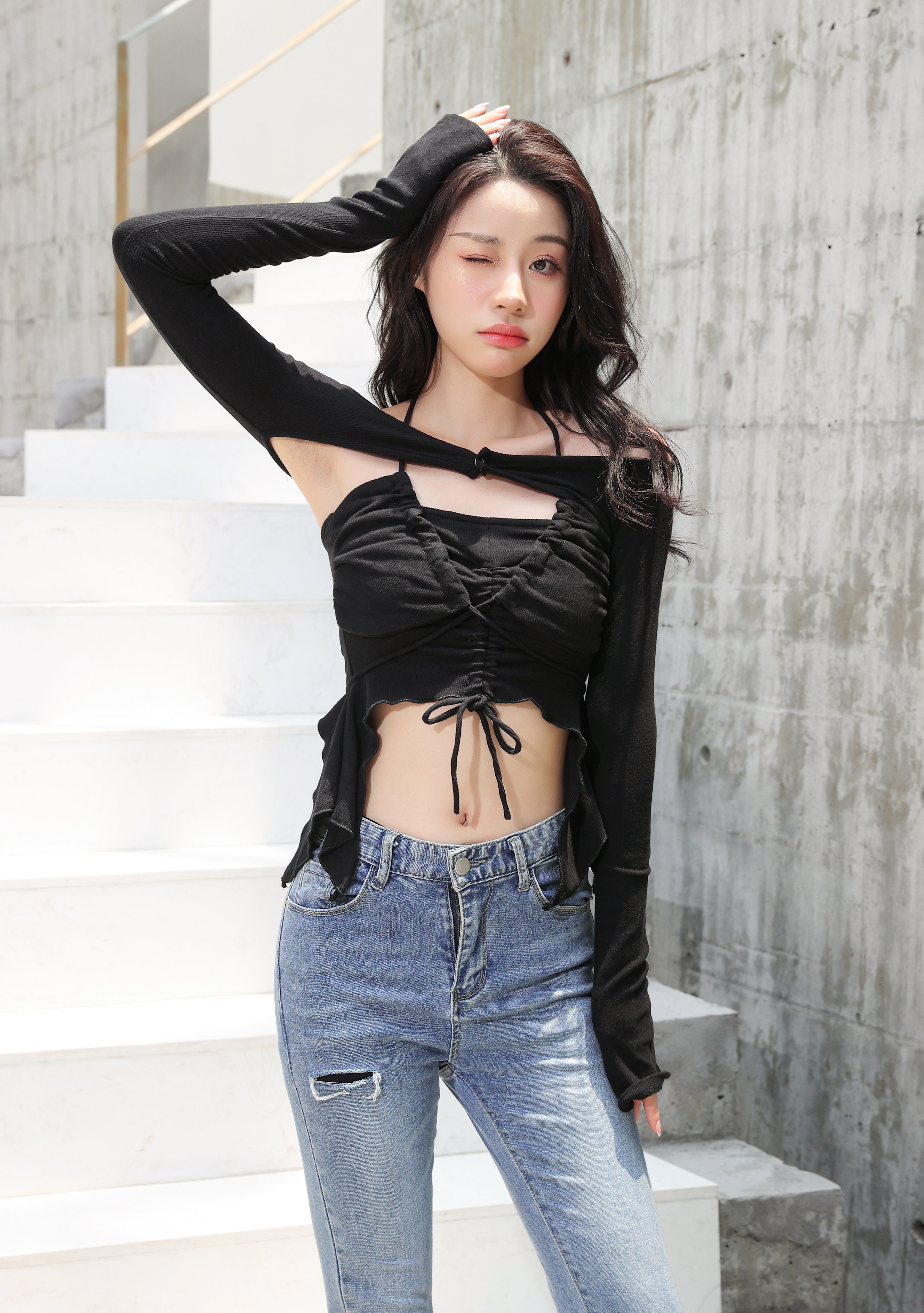 Off Shoulder Shrug Warmer and Ruched Halter Layered Crop Top - nightcity clothing