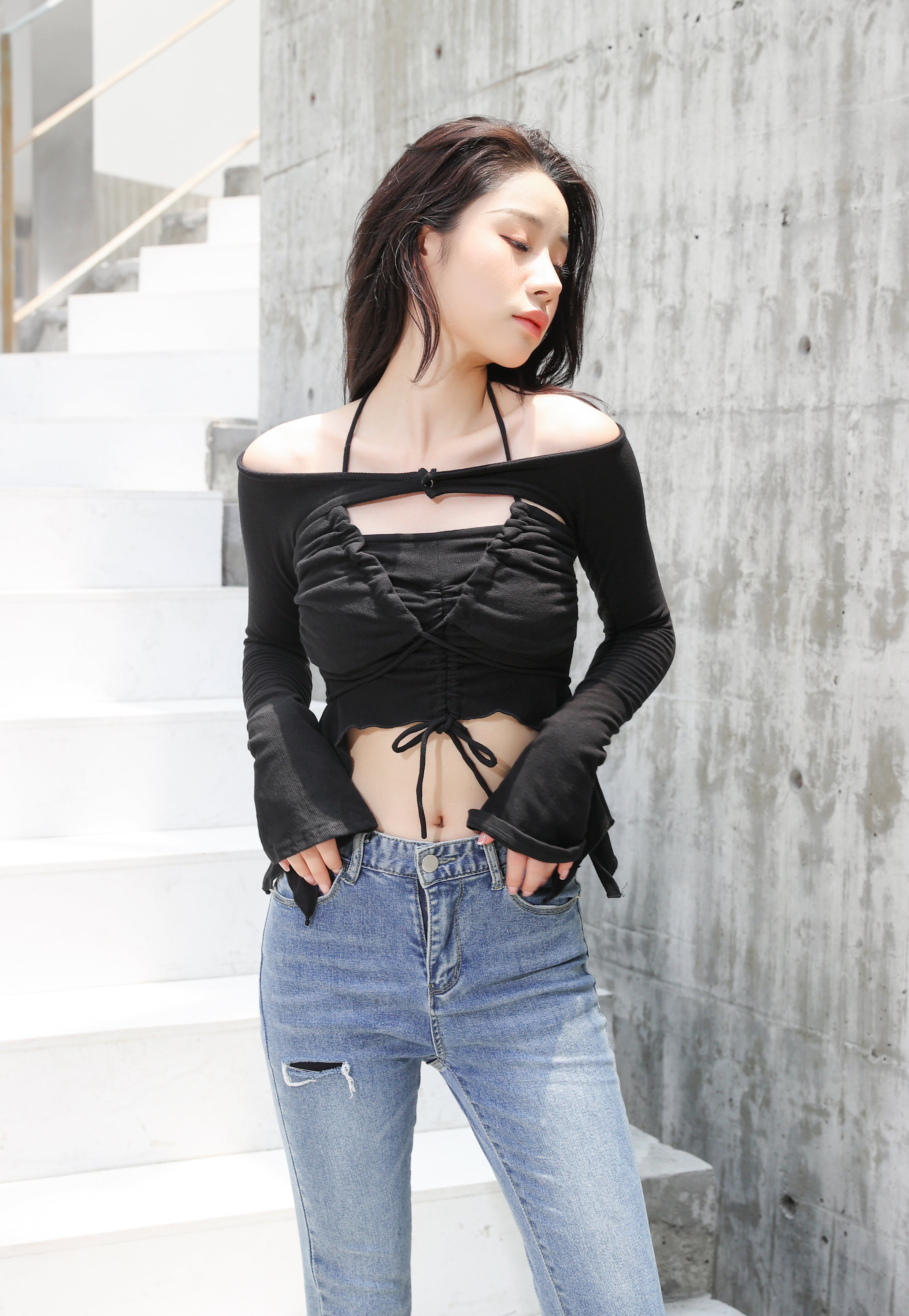 Off Shoulder Shrug Warmer and Ruched Halter Layered Crop Top - nightcity clothing