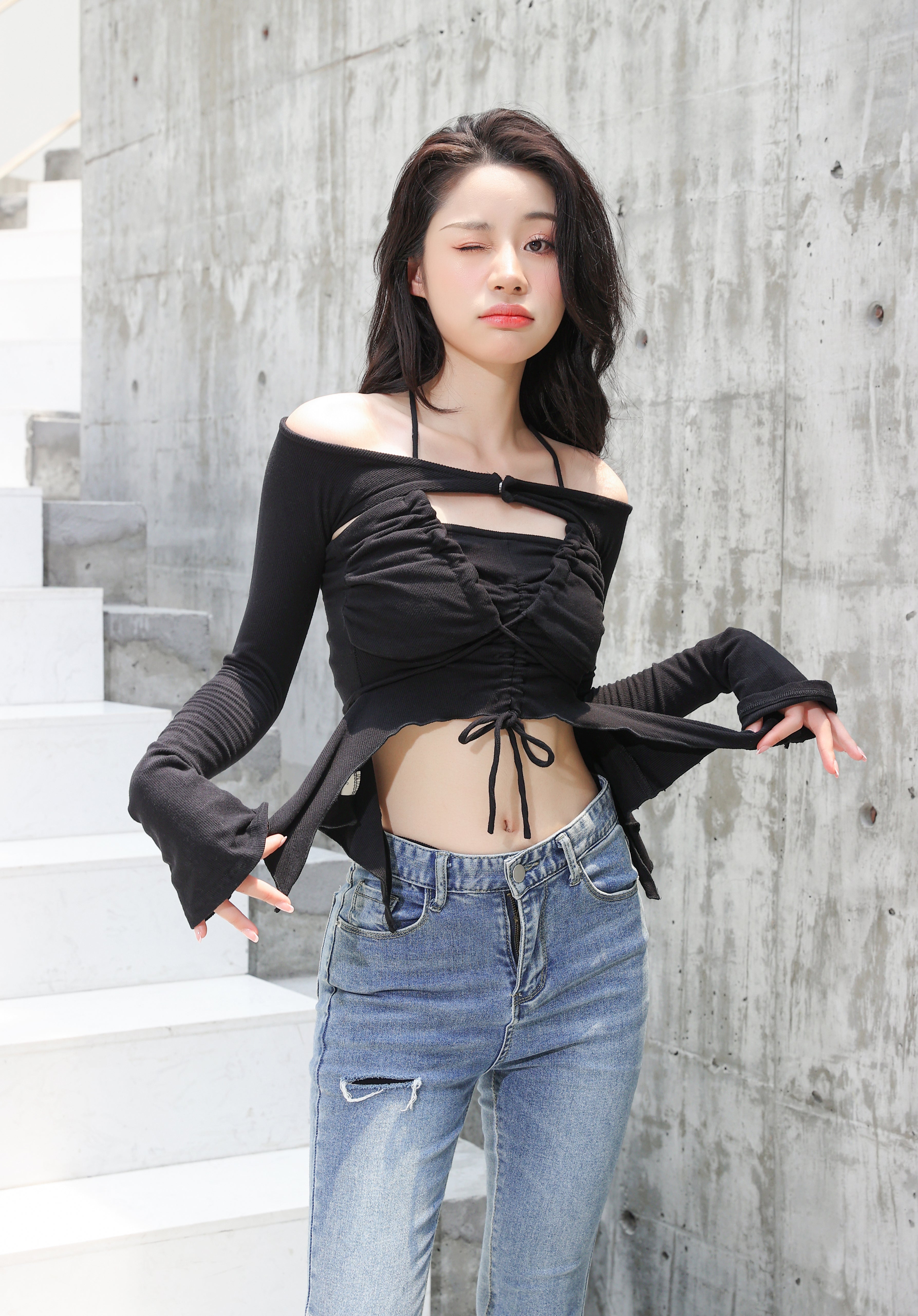 Off Shoulder Shrug Warmer and Ruched Halter Layered Crop Top - nightcity clothing