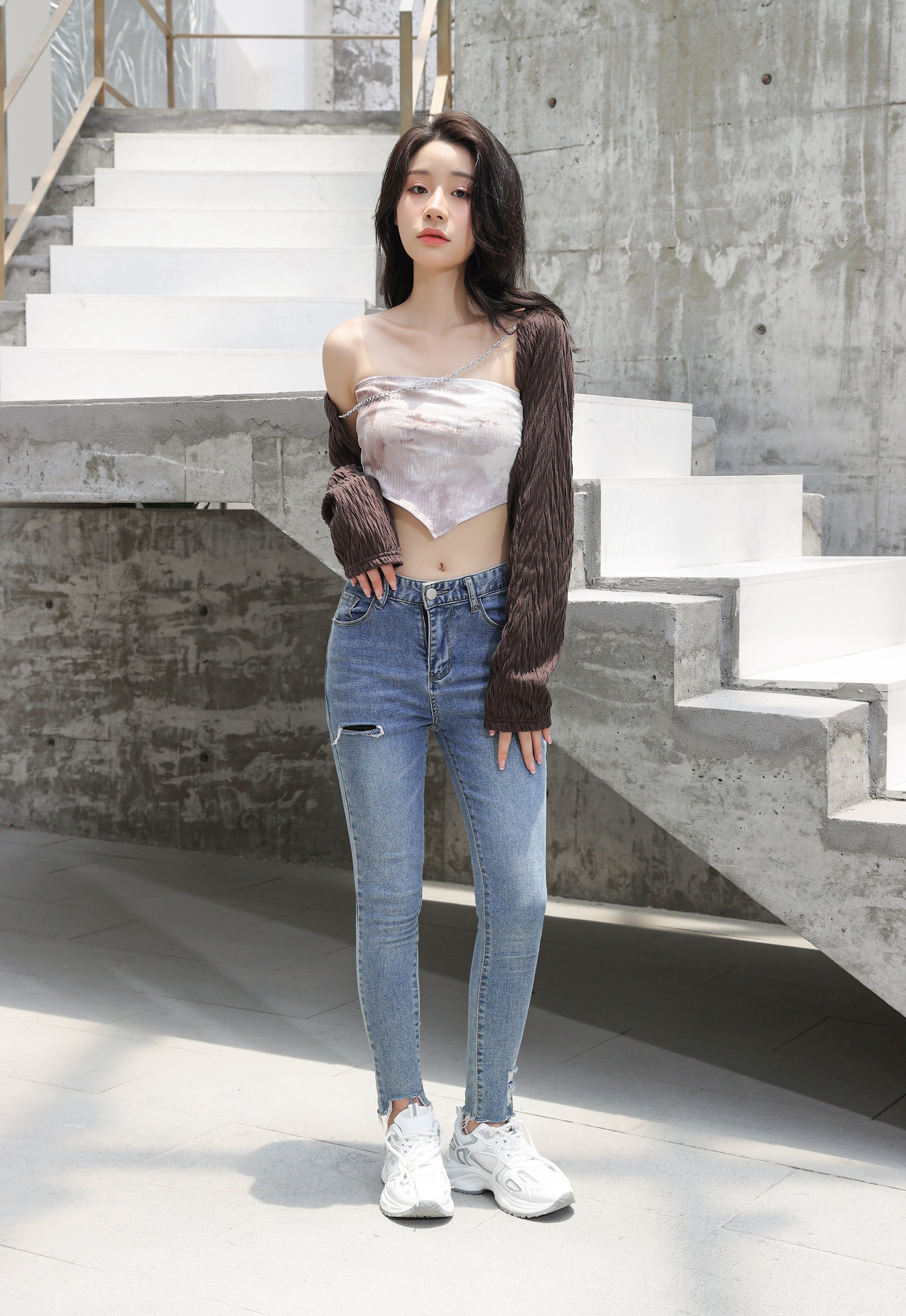 Textured Chain-Linked Shrug and Tie-Dye Crop Top Two-Piece Set - nightcity clothing