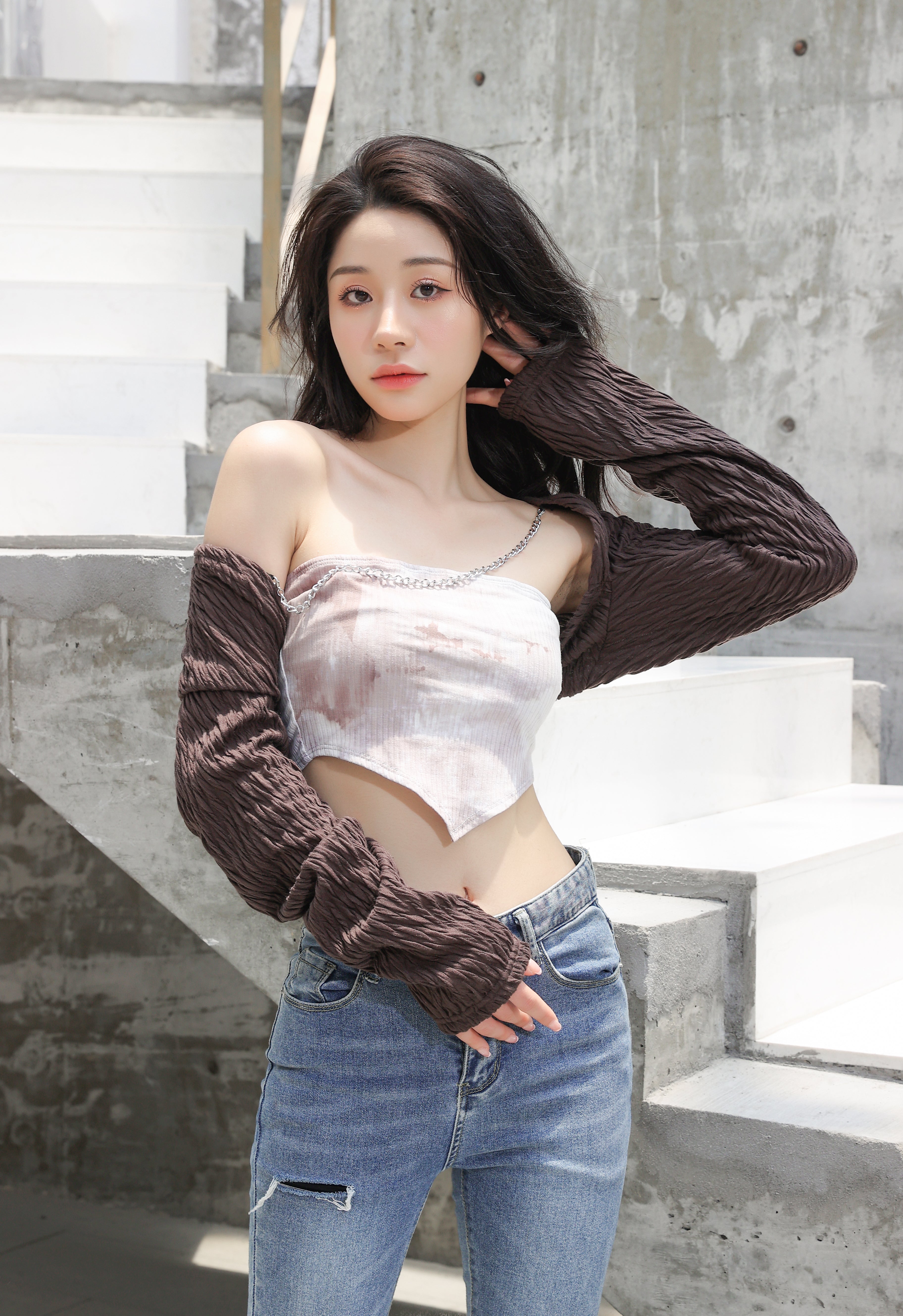 Textured Chain-Linked Shrug and Tie-Dye Crop Top Two-Piece Set - nightcity clothing