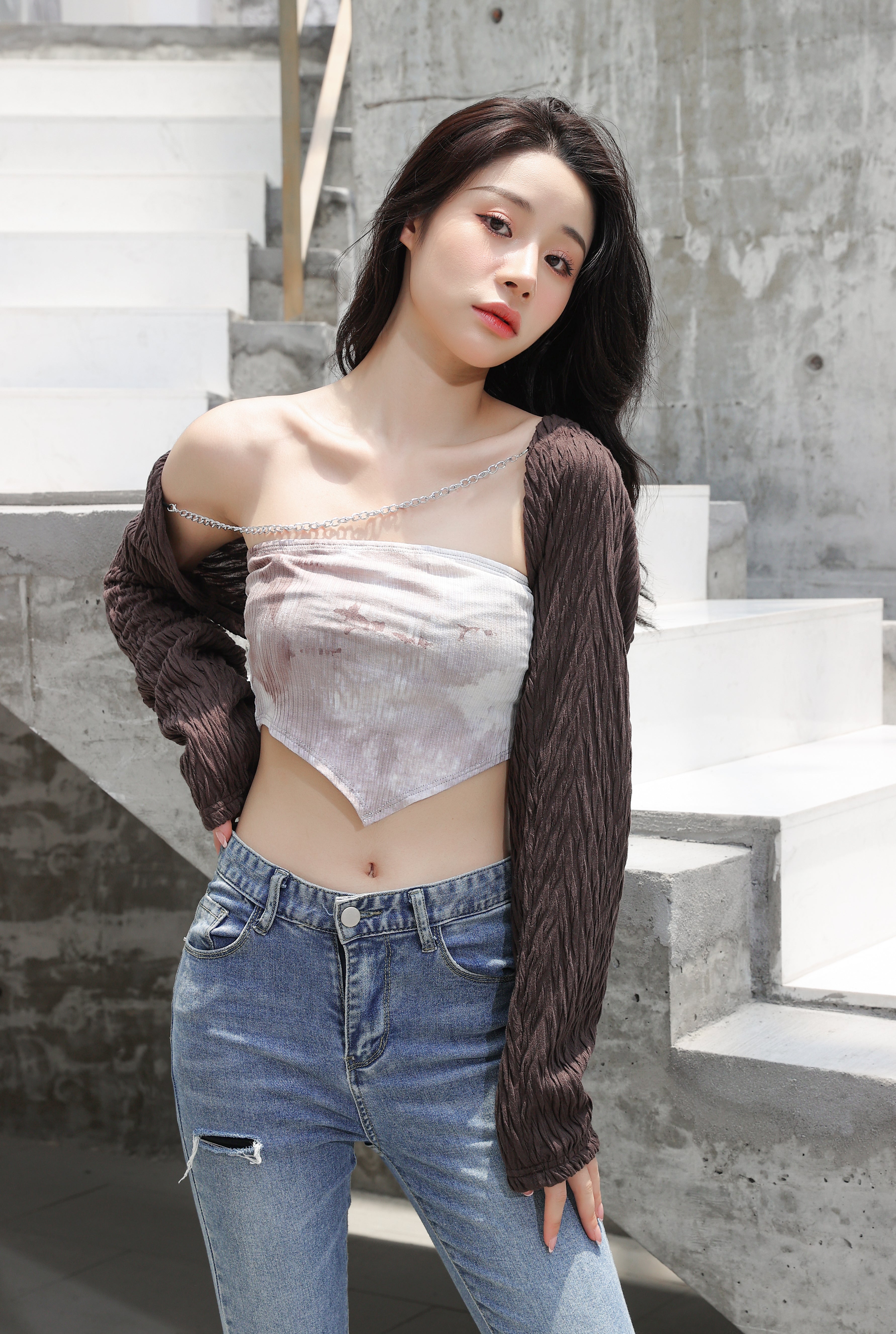 Textured Chain-Linked Shrug and Tie-Dye Crop Top Two-Piece Set - nightcity clothing