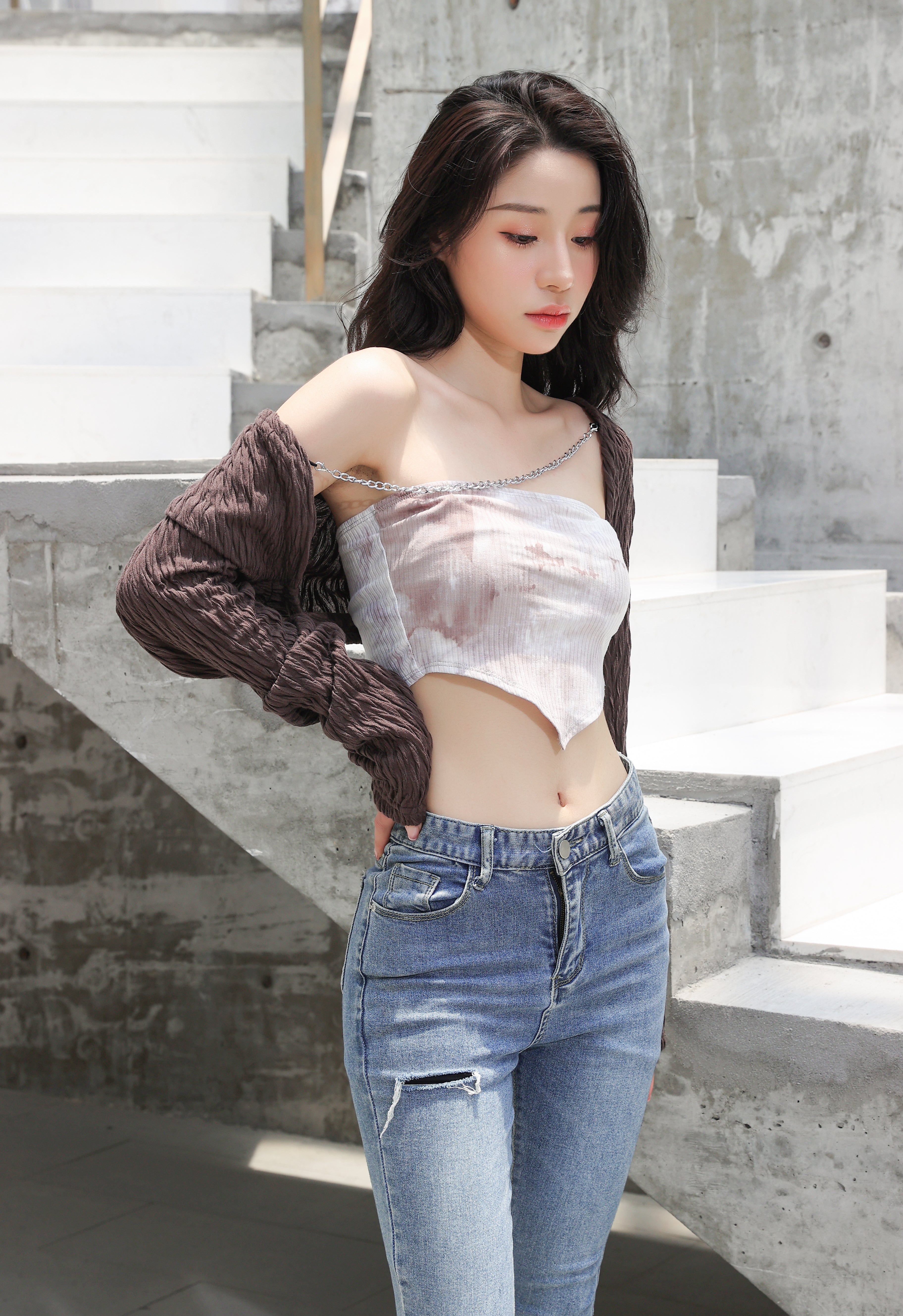 Textured Chain-Linked Shrug and Tie-Dye Crop Top Two-Piece Set - nightcity clothing