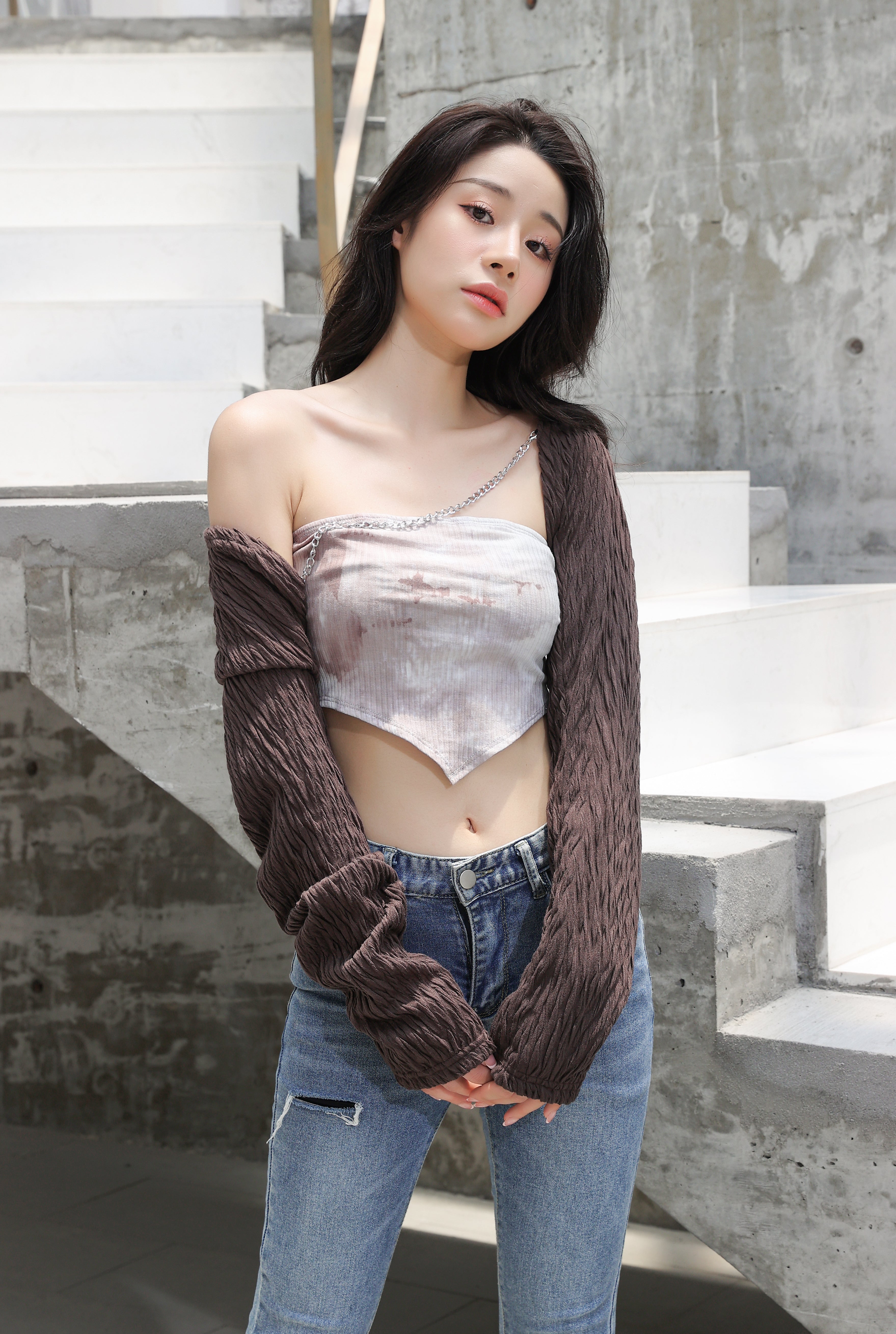 Textured Chain-Linked Shrug and Tie-Dye Crop Top Two-Piece Set - nightcity clothing