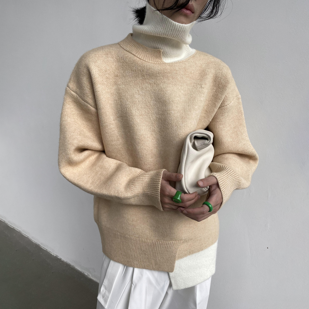 Color-Block Asymmetric Hem Turtleneck Sweater - nightcity clothing