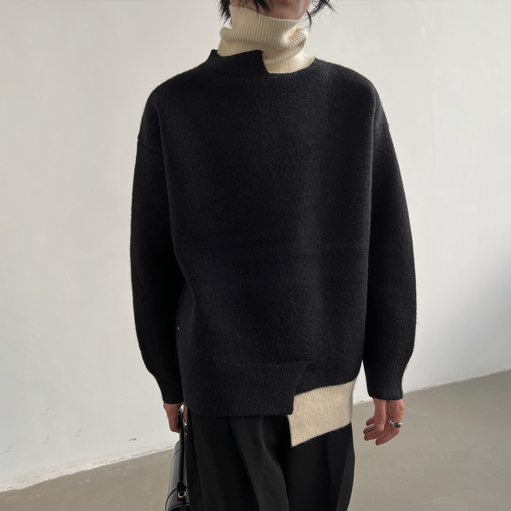 Color-Block Asymmetric Hem Turtleneck Sweater - nightcity clothing