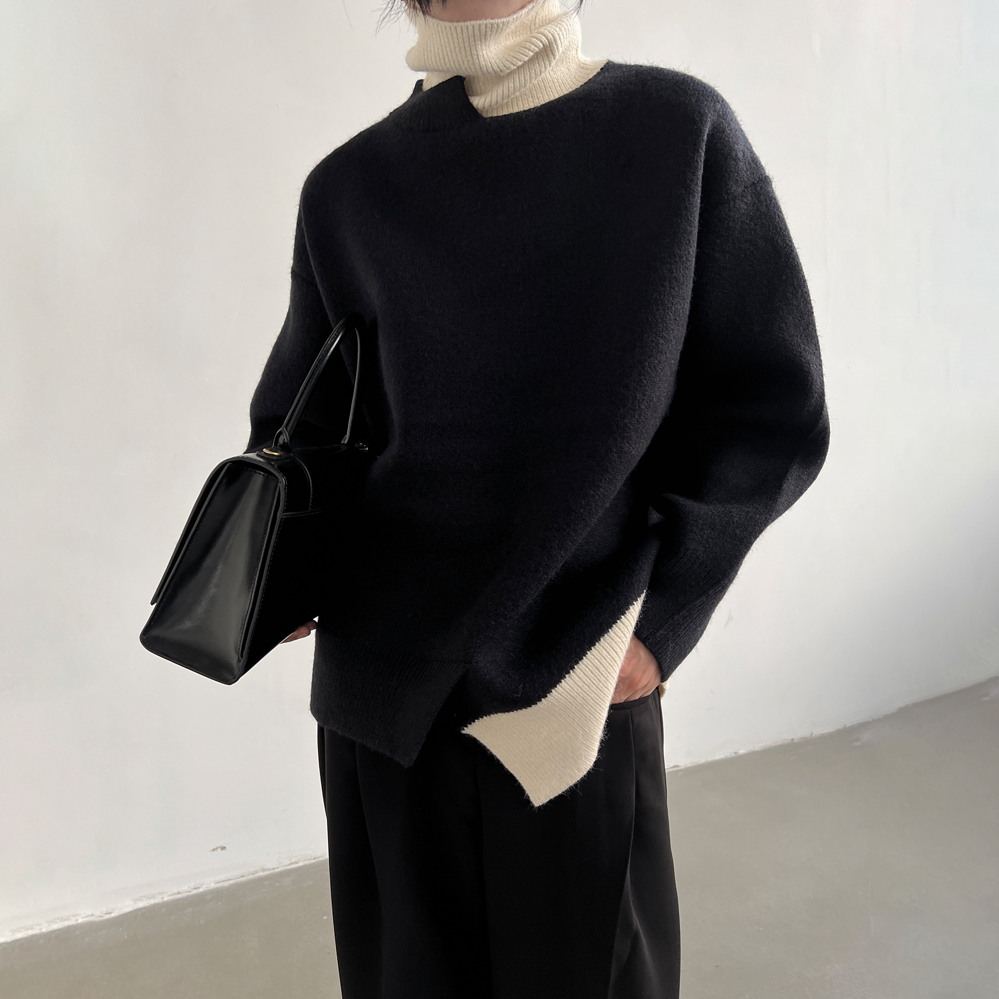 Color-Block Asymmetric Hem Turtleneck Sweater - nightcity clothing