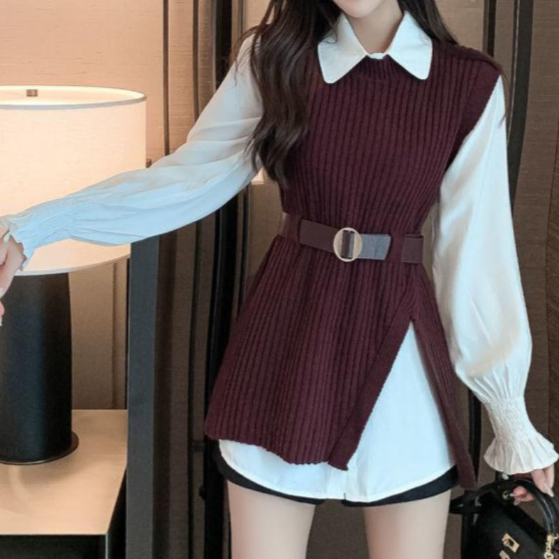 Slim Knit Vest with Ruffle Sleeve Shirt Two-Piece Set
