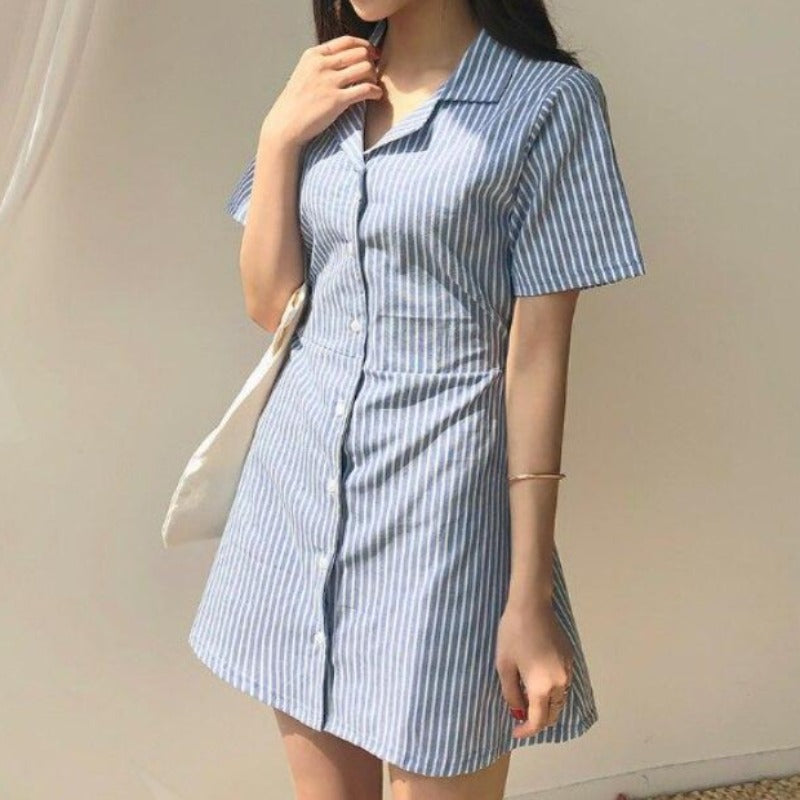Slim Striped Short Sleeve Shirt-Dress - nightcity clothing