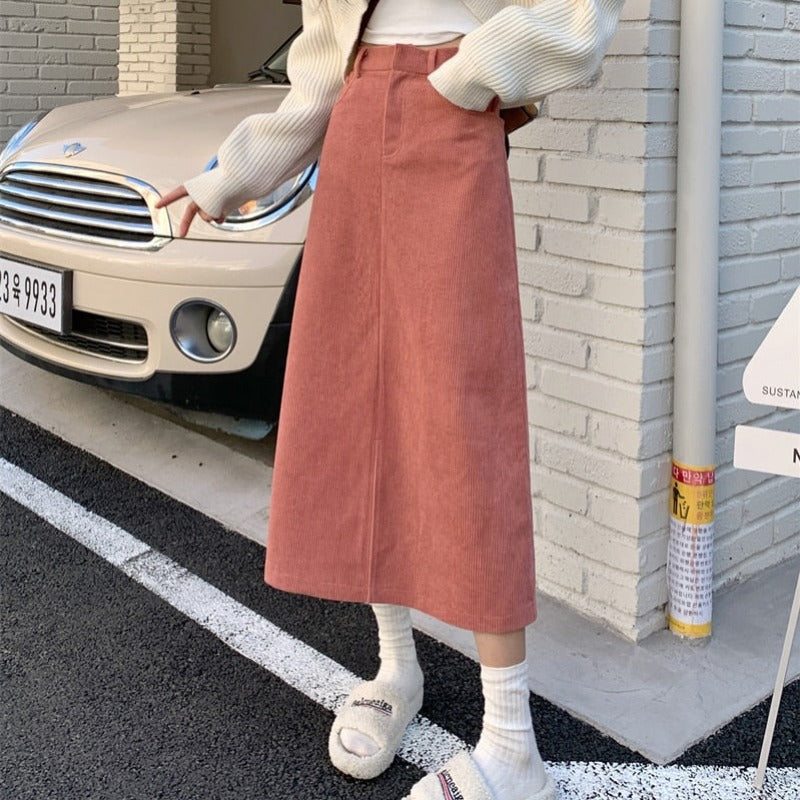 Midi Corduroy Skirt with Front Slit - nightcity clothing