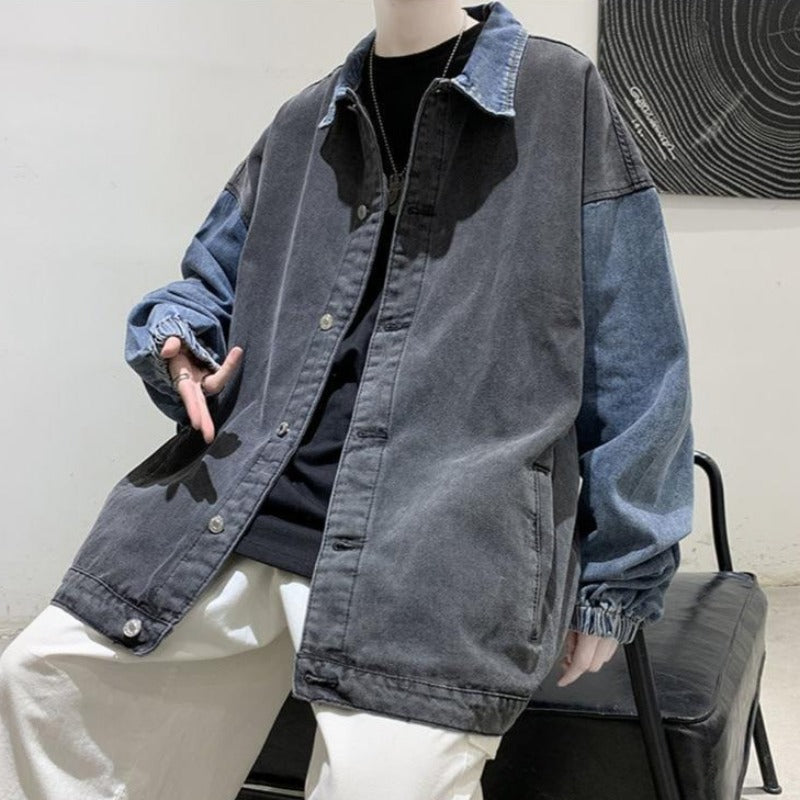 Oversized Color Block Denim Jacket - nightcity clothing