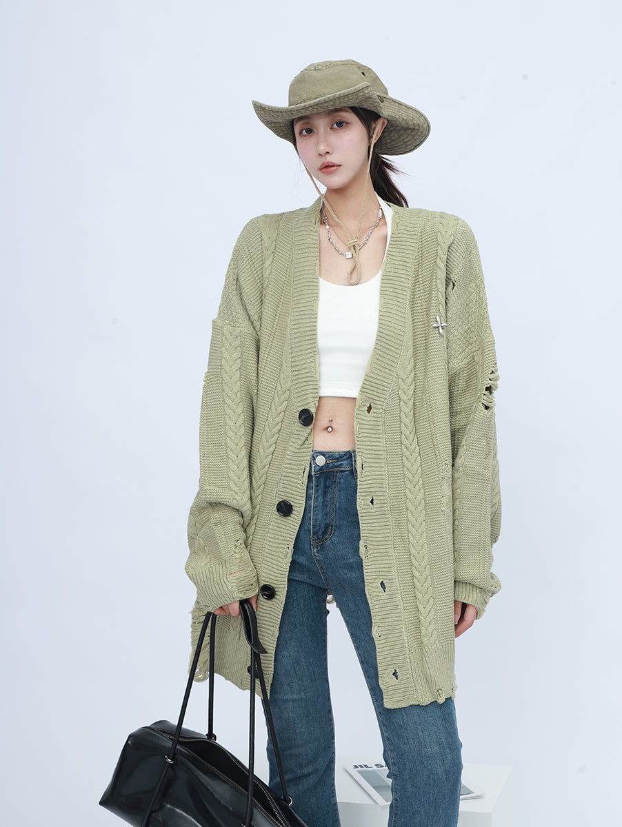 Oversized Distressed Knit Cardigan - nightcity clothing