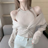Mock Layered Knot Cold Shoulder Long Sleeve Top - nightcity clothing