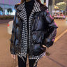Mock-Layered Houndstooth Faux Leather Puffer Jacket - nightcity clothing