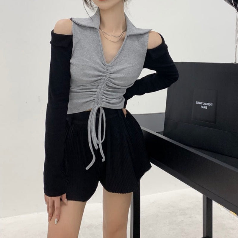Color Block Ruched Cold Shoulder Long Sleeve Top - nightcity clothing
