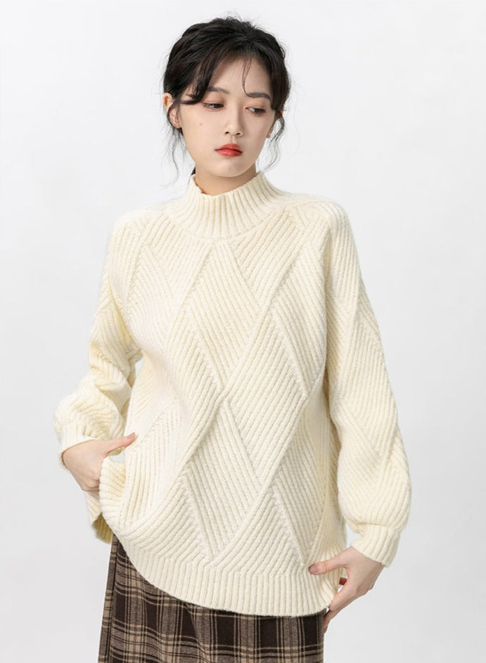 Ribbed Trim Semi High Neck Textured Knit Pullover
