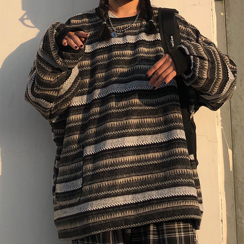Aztec Patterned Stripe Sweater - nightcity clothing