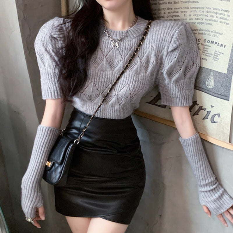Knit Cropped Puff Shoulder Top with Arm Warmer - nightcity clothing