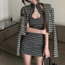 Cropped Houndstooth Blazer and Halter-Neck Mini Dress Two-Piece Set - nightcity clothing