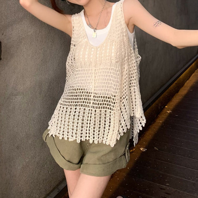 Ribbed Tank Top and Crochet Fringe Vest Two-Piece Set - nightcity clothing