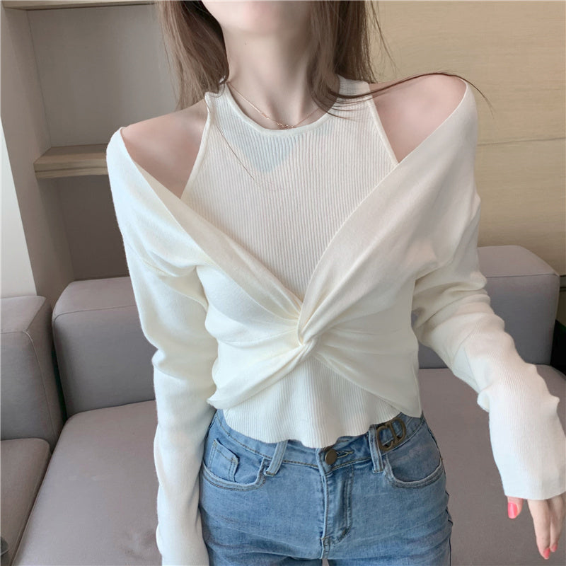 Mock Layered Knot Cold Shoulder Long Sleeve Top - nightcity clothing