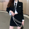Slim Cropped Blazer and Pencil Skirt with Pearl Chain Two-Piece Set - nightcity clothing
