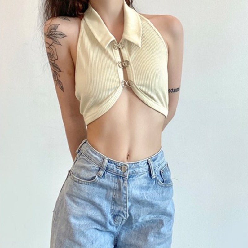 Collared Knit Halter Linkage Crop Top and Sleeves - nightcity clothing