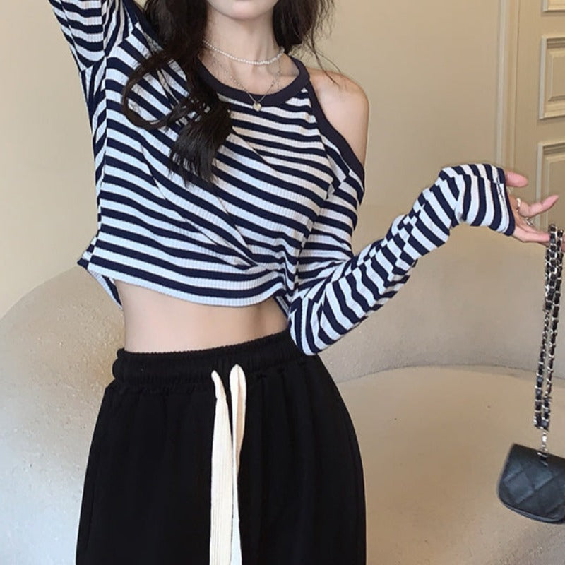 Striped Cold Shoulder Long Sleeve Top - nightcity clothing