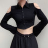 Cold Shoulder Button Up Cropped Top - nightcity clothing