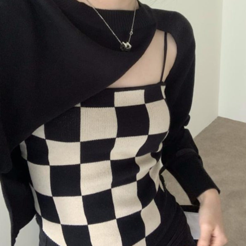 Asymmetric Cut-Out Shrug and Checkerboard Cami Two-Piece Set - nightcity clothing