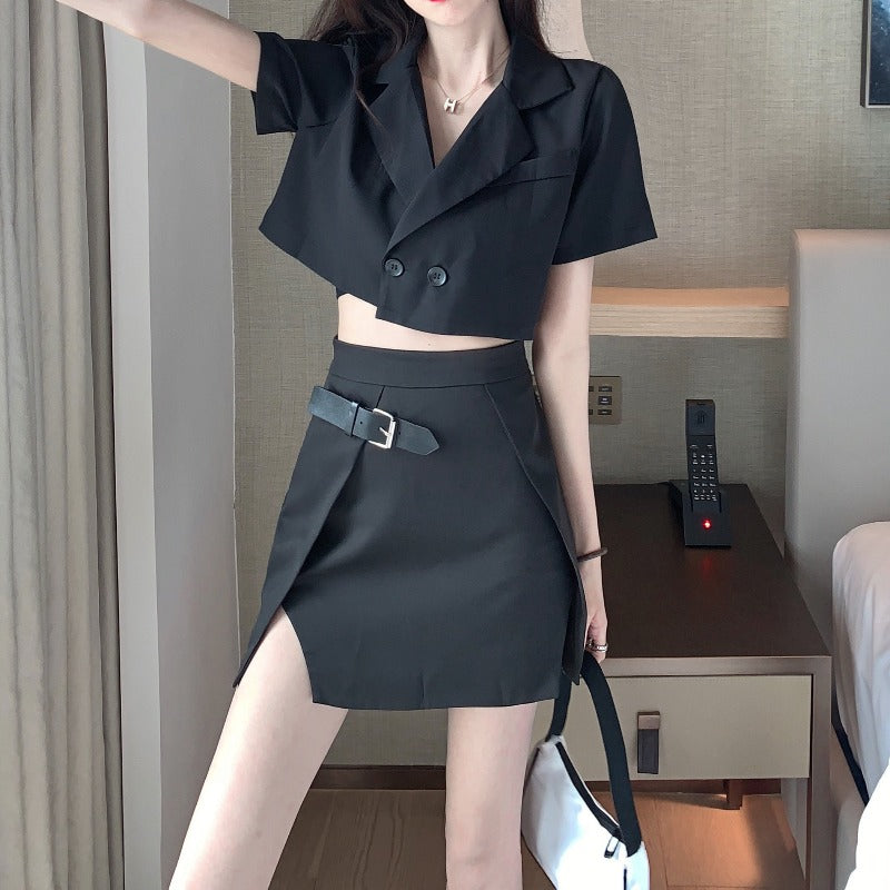 Cropped Short Sleeve Blazer and Asymmetric Skirt with Belt Strap Two Piece Set - nightcity clothing