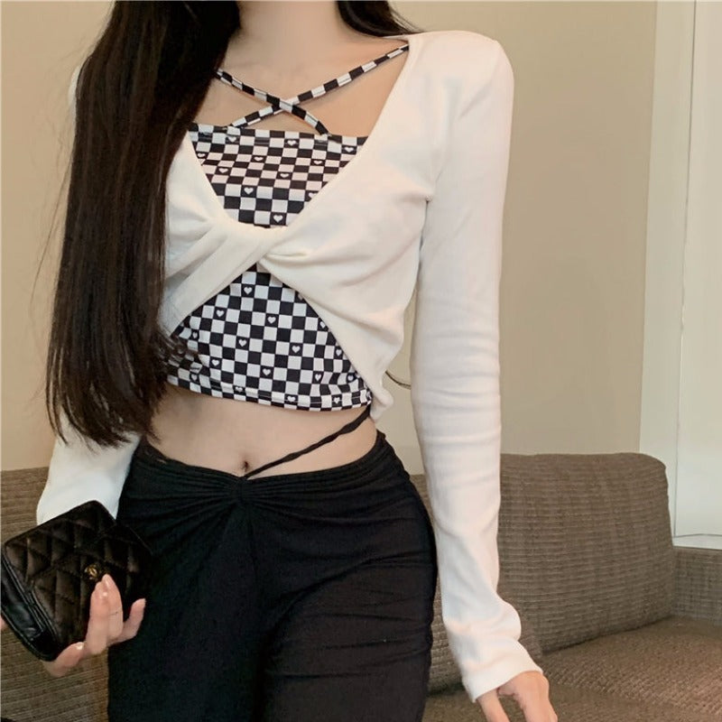 Slim Mock Two-Piece Checkered Cami and Criss Cross Long Sleeve Top - nightcity clothing