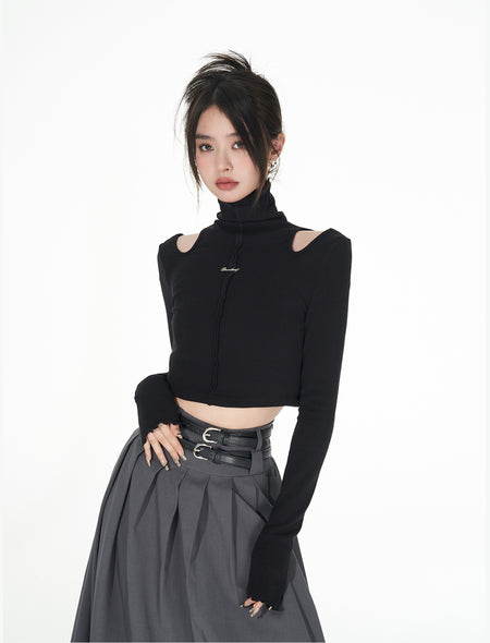 Turtle Neck Cold Shoulder Crop Top