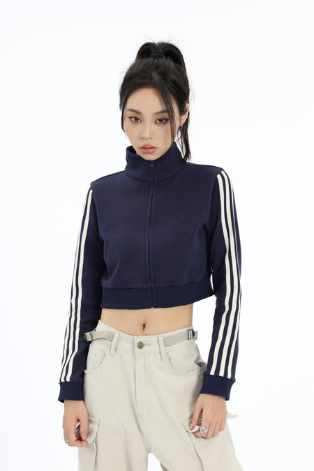 Stripe Sleeve Cropped Bomber Jacket